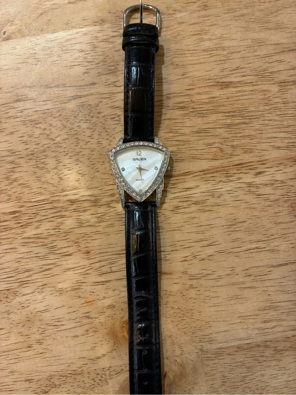 Vintage Gruen Diamond Triangular Watch Black Band